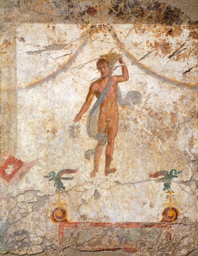 Malerei des vierten pompejanischen Stils, die einen Genius mit Korb und Situla darstellt von Roman Roman