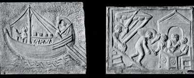 Relief, das ein Handelsschiff darstellt (Museo Nazionale, Rom) und Relief, das das Entladen eines Schiffes darstellt (Museo Torlonia, Rom) 3. oder 4. Jahrhundert von Roman Roman