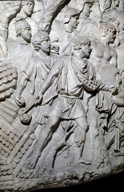 Römische Kunst: Dakerkrieger benutzen einen Steinschleuderer während des ersten Krieges in Dakien von Roman Roman