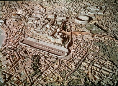 Römische Kunst: Modell, das die Stadt Rom in der Antike darstellt. Im Zentrum der Circus Maximus oder Grand Circus, reserviert für Wagenrennen. Rom, Museo della Civilta Romana - Römische Kunst. Circus Maximus und etruskische Mauern. Detail des Rekonstrukti von Roman Roman