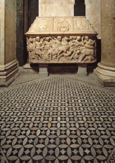 Römischer Sarkophag mit Reliefs einer Wildschweinjagdszene, Deckel verziert mit den Wappen der Familie Medici von Roman Roman