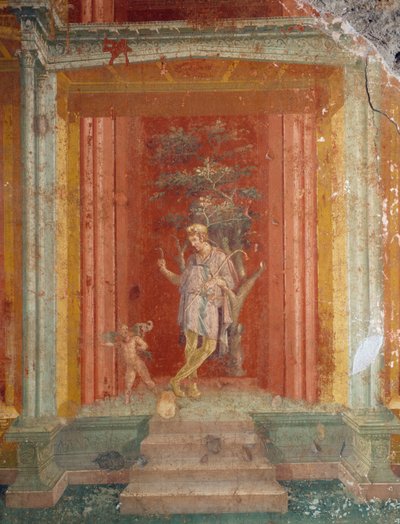 Theaterszene, Fresko (IV. Stil) auf rotem Hintergrund aus dem Haus des Pinarius Cerialis, Pompeji (Unesco-Weltkulturerbe) von Roman Roman