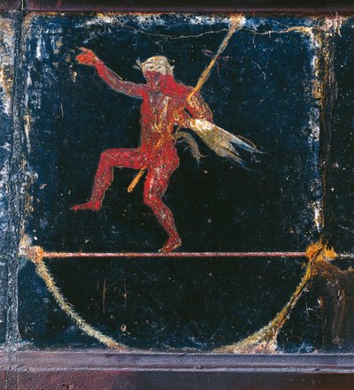 Drittes Stil-Fresko, das den Seiltänzer Seleni darstellt, Detail von Silenus, der einen Thyrsus hält, aus der sogenannten Villa des Cicero in Pompeji von Roman Roman