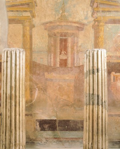 Wandmalerei im zweiten pompejanischen Stil, aus dem Haus des Labyrinths, Pompeji, Kampanien, römische Zivilisation von Roman Roman