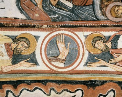 Romanische Kunst: Die rechte Hand Gottes und die Patriarchen Elija und Henoch (Detail). Fresko der Schule von Leon (Spanien). 1132. Heiligtum der Jungfrau von der Jungfrau del Camin von Romanesque