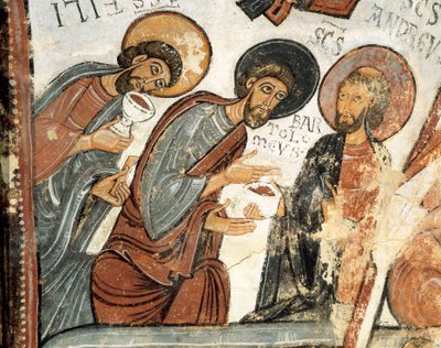 Romanische Kunst: Die Apostel Philippus, Bartholomäus und Andreas Fresko des Abendmahls, Kirche von St. Isidor 12. Jahrhundert Real Colegiata von San Isidoro, Leon von Romanesque