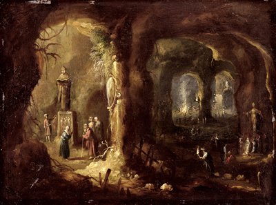 Grotte mit Statuen und zahlreichen Figuren, die Idole anbeten (St. Simeon Stylites), ca. 1640 von Rombout van Troyen