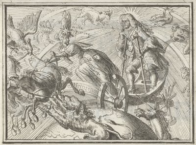 Karikatur, die Ludwig XIV. als Apollo in seinem Wagen darstellt, 1701 von Romeyn de Hooghe