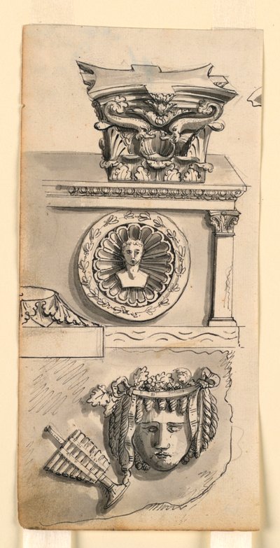 Entwürfe für ein Kapitell, einen Sarkophag und ein Relief von Romolo Achille Liverani