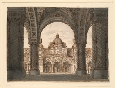 Bühnenbild, Kirchenfassade von einer Loggia, I due Valdomiri von Felice Romani, Musik von Pietro de Winter. Aufgeführt in La Scala, Mailand, 1818 von Romolo Achille Liverani