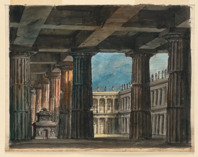 Bühnenbild, klassische Loggia und Innenhof von Romolo Achille Liverani