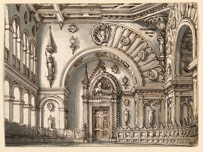 Bühnenbild, Ratssaal in zwei gotischen Stilen von Romolo Achille Liverani