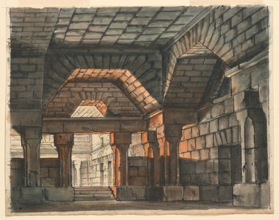 Bühnenbild, befestigtes Schlossinnere für "Ciro in Babilonia" von Gioachino Rossini, La Scala, Mailand, 1818, "Prigione Sotterranea" von Romolo Achille Liverani