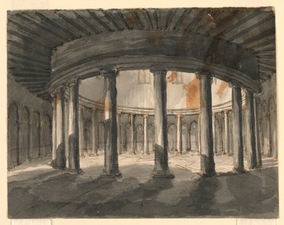Bühnenbild, Innenraum eines runden Gebäudes von Romolo Achille Liverani