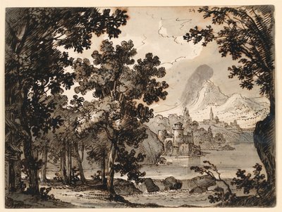 Bühnenbild: Landschaft mit Hütte, für die Oper La Straniera von Romolo Achille Liverani