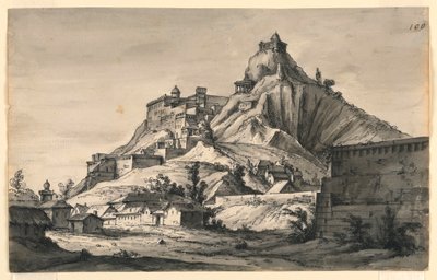 Bühnenbild, Berg mit Stadt an den Hängen von Romolo Achille Liverani