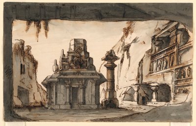 Bühnenbild, orientalische Gebäude zwischen Höhlen und Felsen von Romolo Achille Liverani