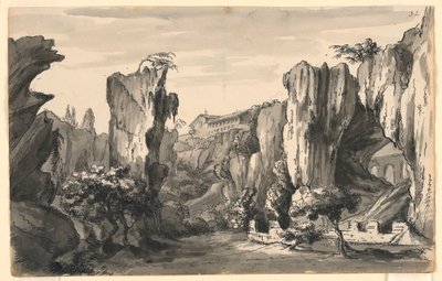 Bühnenbild, felsiges Tal mit Gebäuden von Romolo Achille Liverani