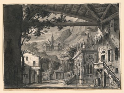 Bühnenbild: Dorf in hügeliger Landschaft, für L