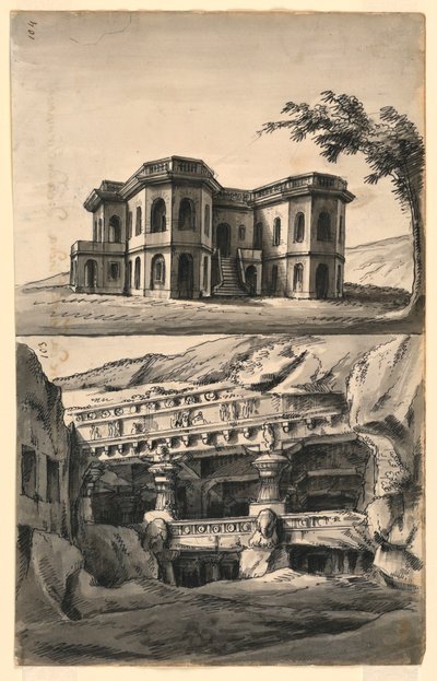 Bühnenbilder, Schloss in Landschaft und Tempel und Höhlen von Romolo Achille Liverani