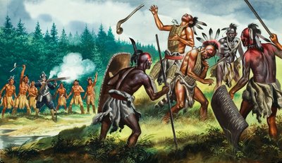 Englische Kolonien kämpfen gegen die Irokesen-Konföderation, 20. Jahrhundert von Ron Embleton