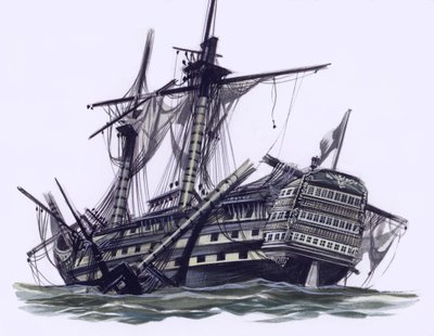 HMS Victory nach der Schlacht von Trafalgar, mit abgeschossenem Besanmast von Ron Embleton
