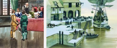 Die Pilgerväter an den Docks von Southampton von Ron Embleton