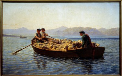 Wechsel der Weide. Hirten verladen die Schafherde, um sie ans andere Ufer zu bringen von Rosa Bonheur