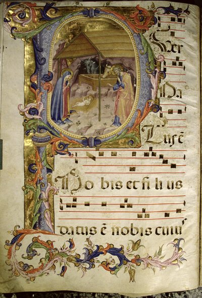 Corale / Graduale Nr. 5: Historisierte Initiale "P" mit Darstellung der Geburt Christi von Rossello Franchi