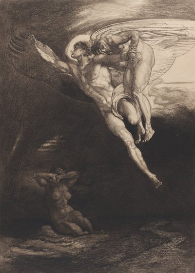 Luzifer trägt Kain in den endlichen Raum, aus Acht Radierungen zu Byrons Kain, ..., 1919-1920 von Rudolf Jettmar