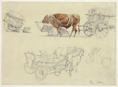 Studien von slowakischen Bauernwagen mit Ochsen und Pferden von Rudolf von Alt