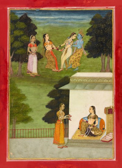 Krishna spielt mit den Gopis, Folio aus einem "Rasikpriya", datiert 1686 von Ruknuddin Ruknuddin