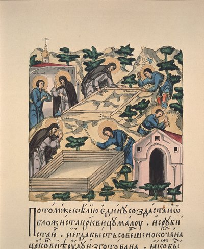 Heilige Bartholomäus und Stephanus bauen eine Kirche zu Ehren der Heiligen Dreifaltigkeit auf dem Makovets-Hügel Buchminiatur, 16. Jahrhundert von Russian Master