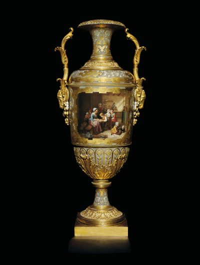 Ein Alexander II Porzellan- und Goldblattvase mit zwei Henkeln, bemalt mit einer Schulszene nach B, 1866 von Russian School