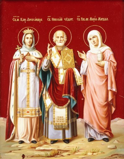 Eine auf Glas gemalte Ikone, die den Heiligen Nikolaus, die Heilige Alexandra und Maria Magdalena darstellt von Russian School
