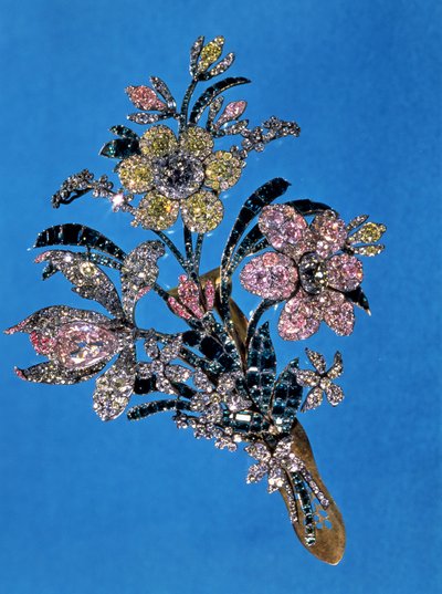 Brosche in Form eines großen Straußes mit Brillantschliff-Diamanten und Smaragden, ca. 1760 (Gold, Silber, Diamanten und Smaragde) von Russian School