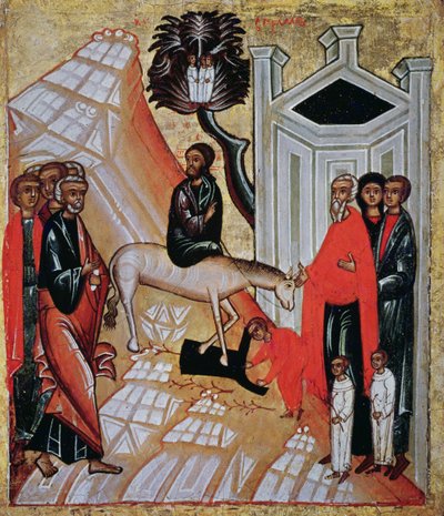 Ikone, die den Einzug Christi in Jerusalem darstellt, Nowgoroder Schule von Russian School