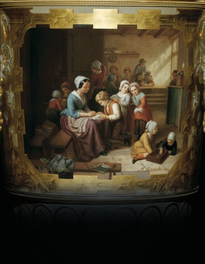 Gemaltes Detail von einer Alexander II zwei-henkeligen Porzellan- und Goldblattvase, die eine Schulszene nach B darstellt, 1866 von Russian School