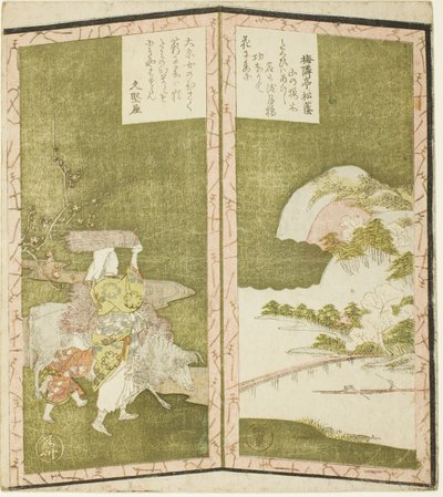 Landschaft und Frau aus Ohara, aus einem unbetitelten Hexaptychon, das ein Paar von Wandschirmen darstellt von Ryuryukyo Shinsai