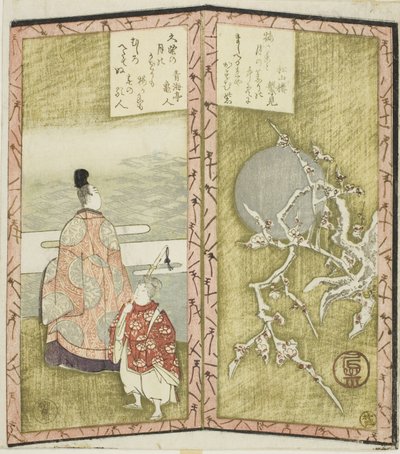 Pflaumenblüten und Dichter, aus einem unbetitelten Hexaptychon, das ein Paar Wandschirme darstellt von Ryuryukyo Shinsai