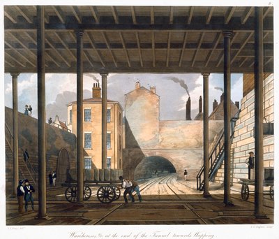 Lagerhäuser usw. am Ende des Tunnels in Richtung Wapping, Liverpool, 1832-1833 von SG Hughes