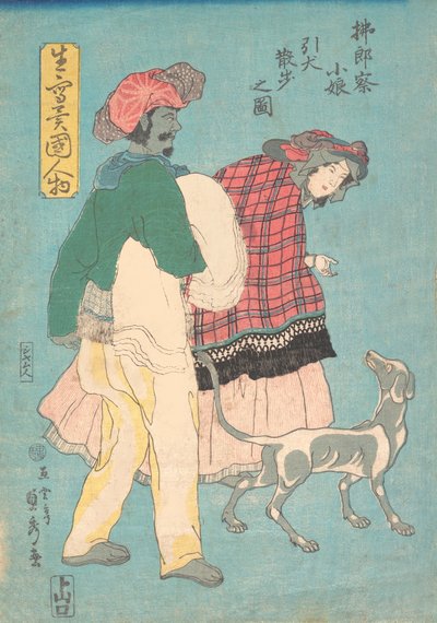 Eine junge französische Dame und ein siamesischer Diener führen einen Hund spazieren, November 1860 von Sadahide Utagawa