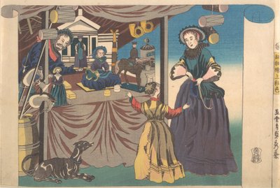 Farbdruck eines Kupferstichbildes eines Spielzeugladens von Sadahide Utagawa
