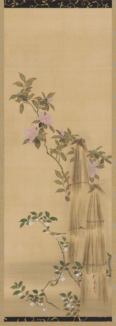 Rosa und weiße Blumen und Strohabdeckungen, Edo-Zeit, 1761-1828 von Sakai Hoitsu