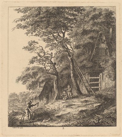 Ein Fischer und zwei Kinder in einer Landschaft mit Strohhütten von Salomon Gessner
