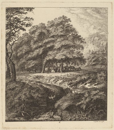 Rinder ruhen in einem Hain mit einem Mann, der neben einem Bach sitzt, 1764 von Salomon Gessner