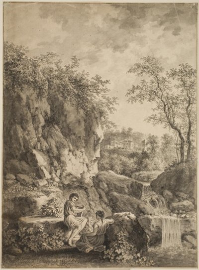 Felsenlandschaft mit einem Bach. Im Vordergrund ein junger Mann mit einer Rohrflöte und eine junge Frau von Salomon Gessner
