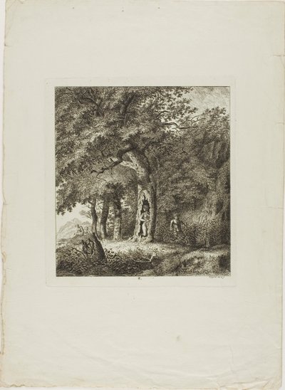 Nymphe, die sich in einem Baum versteckt, Platte acht aus Paysages Dédiés à M. Warelet von Salomon Gessner