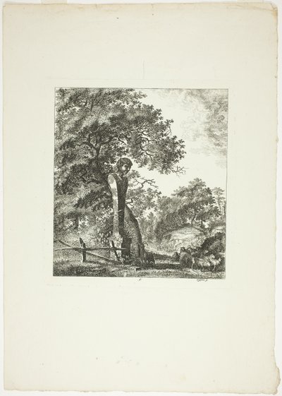 Schafe bei einer Statue von Pan, Platte fünf aus Paysages Dédiés à M. Warelet von Salomon Gessner