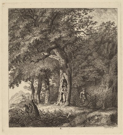 Waldlandschaft mit einer Nymphe und einem Satyr von Salomon Gessner
